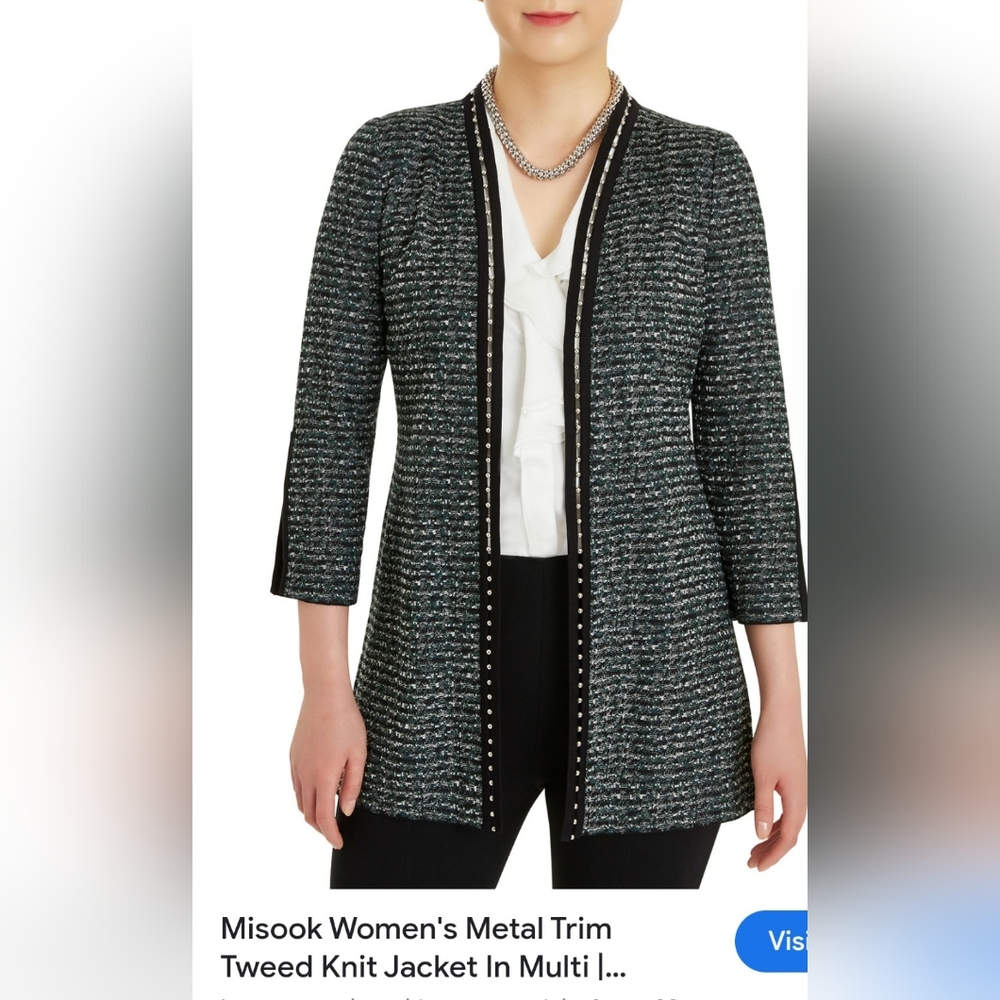 Misook Metal Trim Tweed Jacket in Gunmetal size XL